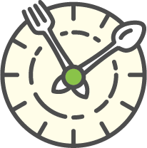 Icono en color de un reloj con cubiertos para simbolizar los horarios de las comidas