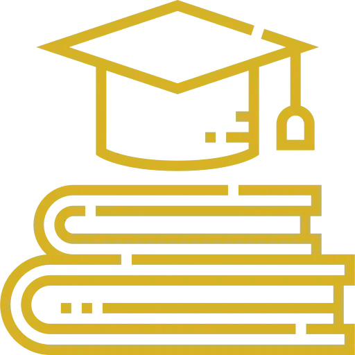 Icono dorado de docencia, con unos libros y birrete académico