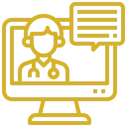 Imagen de un icono dorado de un ordenador y un médico.