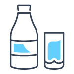 Icono azul y negro de una botella y un vaso de leche