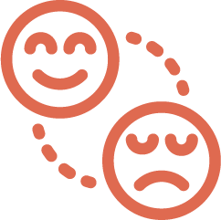 Icono naranja de dos caras que cambian de una sonriente a otra triste