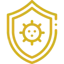 Icono dorado de un escudo con un microbio, como símbolo de la respuesta inmune frente a agentes adversos