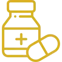 Icono dorado de una cápsula y un bote de medicamentos