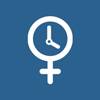 Imagen de un rectángulo azul con un icono blanco del símbolo de mujer y un reloj, simbolizando la menopausia. 