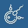 Icono fertilización del óvulo Imagen de un rectángulo azul con un símbolo blanco de un óvulo fertilizado por un espermatozoide.