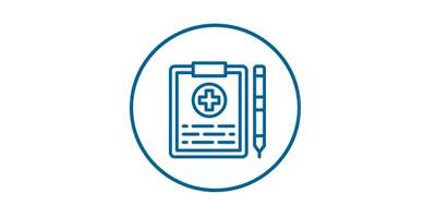 Icono de un informe médico Imagen de un icono azul de un informe médico y un bolígrafo dentro de un círculo.