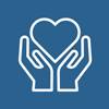 Icono azul manos cuidado Imagen de un cuadrado azul con un icono de unos manos protegiendo un corazón.