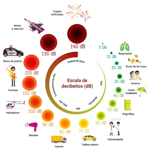 Infografía con la escala de decibelios, distintos ruidos y su nivel de decibelios para conocer el daño que pueden hacer al oído y causar un trauma acústico. Clínica Universidad de Navarra