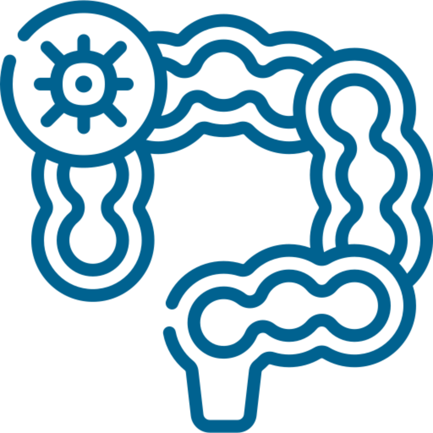 Icono azul del colon con una célula tumoral que simboliza el cáncer colorrectal